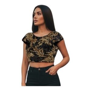 Dress The Population NWOT Sequin Crop Top – XS Gold & Black Sparkle ✨